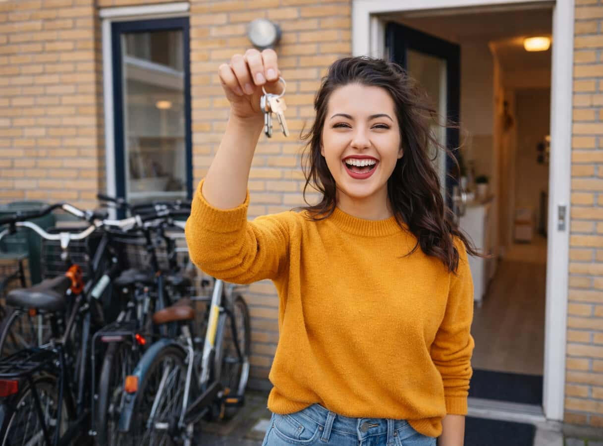 Happy international student holding keys to her new studio in the Netherlands with bicycles outside Happy international student holding keys to her new studio in the Netherlands with bicycles outside